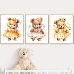 Bear Wall Art Printable Baby Girl Nursery Decor Kid Bedroom Dressed Animal set of 3 children digital poster canvas for gift playroom picture