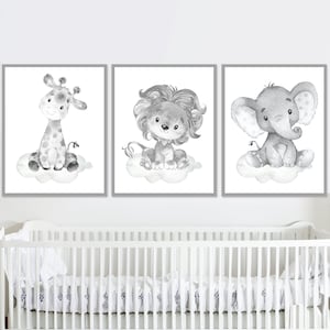 Stampe artistiche per la cameretta dei bambini con citazione, set di 3 stampe neutre con animali della giungla, elefanti e giraffe digitali, genere grigio