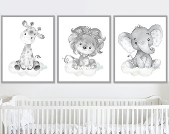 Safari de la jungle Animal neutre pour chambre d'enfant, impression d'art pour chambre de bébé, citation, décoration murale pour chambre de bébé, lot de 3 éléphants numériques, girafe, sexe gris