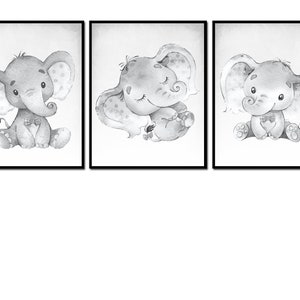 Neutral Room Baby Boy Nursery Wall Decor Poster Elephant Art Prints set of 3 Children Kids Gray Canvas digital Printable image 2