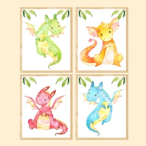 Dragon Baby Boy Nursery Art Decor Stampe murali per sala giochi per bambini Set per bambini di 4 tele stampabili digitali Blu Rosso Verde piccola opera d'arte ragazza