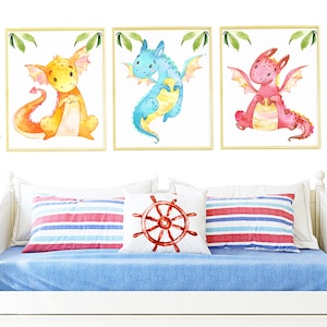 Decorazione da parete per la cameretta del bambino, stampa artistica con drago, set di 3 stampe digitali su tela con acquerello per bambini, poster per bambini piccoli, regalo