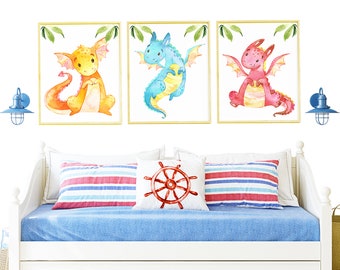 Baby Boy Nursery Wall Decoration Dragon Art Print Kids Room set of 3 Children watercolor Canvas digital printable