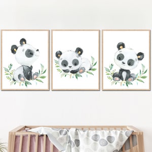 Panda Poster Baby Nursery Wall Decor Boy Girl Children Arte stampabile Camera dei bambini Set di animali per bambini di 3 opere d'arte grigie su tela digitale per bambini