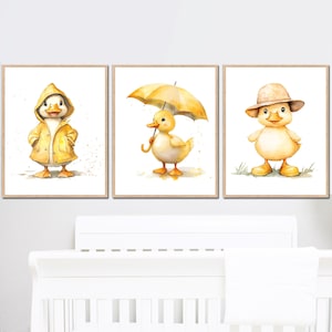 Poster per bambini con stampa di anatra neutra, decorazione da parete per camera da letto per bambine e bambini, set di 3 immagini digitali per bambini su tela, colore giallo