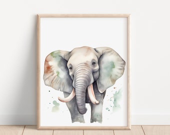 Animaux de safari, éléphants, affiche d'art numérique imprimable pour chambre d'enfants, décoration murale pour chambre d'enfant, téléchargement immédiat, aquarelle