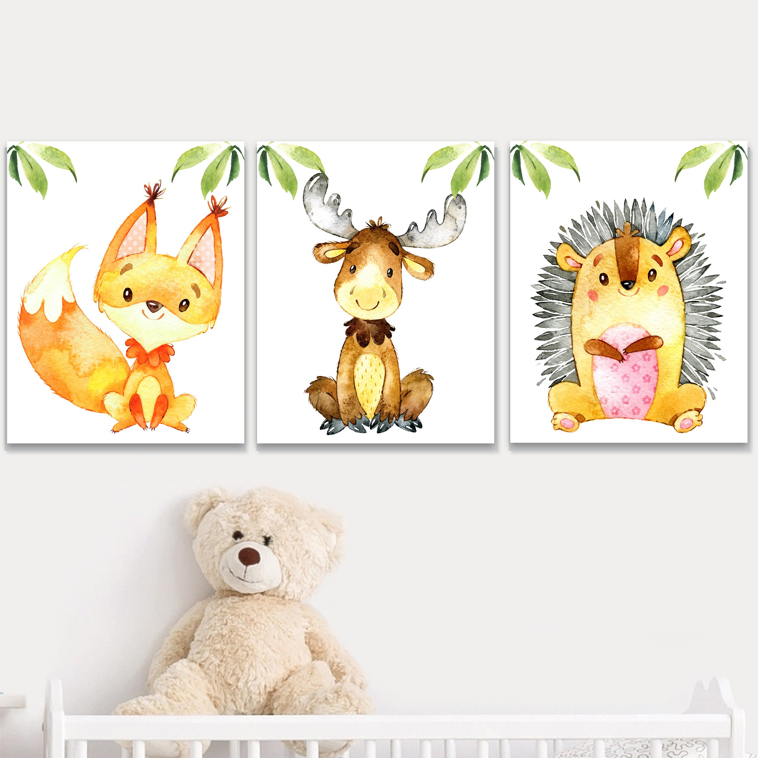 Woodland Animal Forest Nursery Wall Decor Baby Boy Girl Art Prints ...