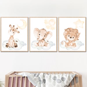 Decorazione per la cameretta dei bambini neutra, motivo safari, stampabile, set di 3 animali della giungla, genere elefante, leone, pastello, bambino, digitale