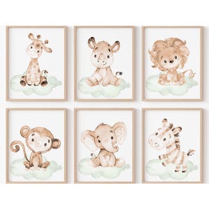 Poster per bambini in colori pastello neutri, animali del safari, decorazione da parete, set di 6 stampe artistiche per bambini, giungla, camera da letto, genere, beige