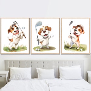 Póster imprimible de perros jugando al golf para dormitorio infantil, decoración de pared para dormitorio de niña y niño, juego de 3 imágenes neutrales para sala de juegos digital para niños