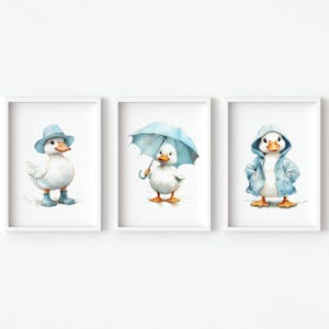 Poster da parete per bambini con paperelle, stampabile, decorazione per camera da letto blu, set di 3 immagini digitali per bambini, regalo su tela, animali da fattoria