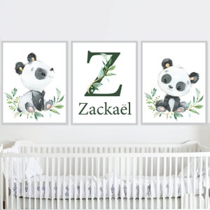 Póster con el nombre del bebé panda, obra de arte de pared para decoración de guardería de niño, impresiones iniciales con letras para niña, juego de 3 lienzos personalizados para sala de juegos de niños