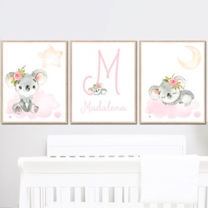 Impresiones de koalas, arte de guardería para niña, decoración de pared para dormitorio infantil, letrero con nombre de pila, juego personalizado de 3 carteles con inicial de letras, imagen en lienzo digital
