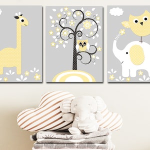 Stampa artistica da parete per bambini neutri Decorazione per la camera dei bambini Poster per la cameretta dei bambini Giraffa Elefante Gufo set di 3 Bambini Grigio ragazzo ragazza immagini digitali /