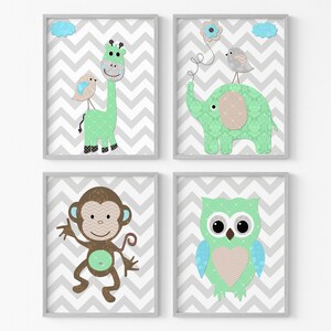 Poster con scimmie, gufi, giraffe, elefanti, neonati, stampabili, decorazione per la camera dei bambini, set di 4 immagini digitali grigie.