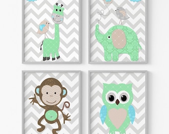 Monkey Owl Giraffe Elephant Baby Boy Nursery Wall Artwork Printable Children bedroom decoration Kids set of 4 posters digital pictures gray