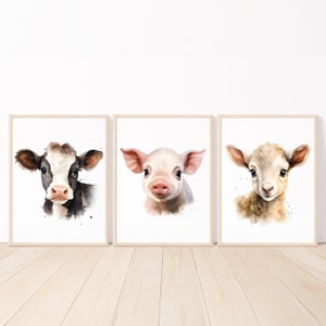Poster fattoria animali fattoria arte murale per bambini stampabile neonato asilo nido digitale bambina arredamento camera da letto set di 3 immagini poster mucca agnello