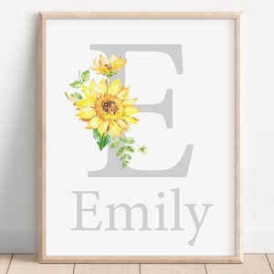 Cartel de nacimiento con nombre de bebé personalizado para niña, girasol, arte infantil, letra inicial, decoración floral personalizada para pared para niños