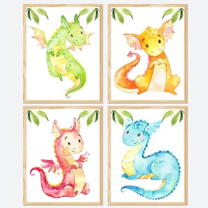 Decorazione per la cameretta dei bambini con drago, sala giochi per bambini, stampabile, set di 4 tele blu, rosse e verdi, poster digitali per bambine, per bambini piccoli
