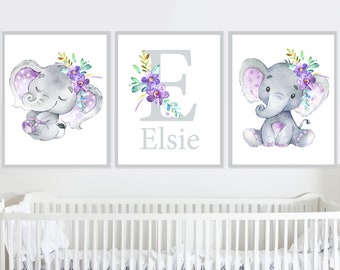 Personalized Baby Name Girl Nursery Wall Decor Elephant Art Printable Custom Kids Room set of 3 Digital lilac Gray purple lavender