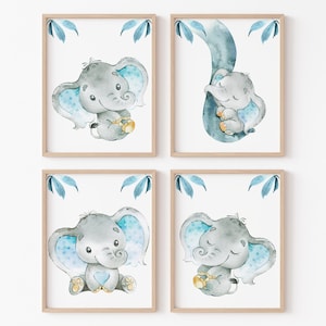 Stampa artistica da parete con elefante, decorazione per la camera dei bambini, baby boy, asilo nido, animali per bambini, set di 4 immagini, illustrazione, bambino digitale su tela grigio blu