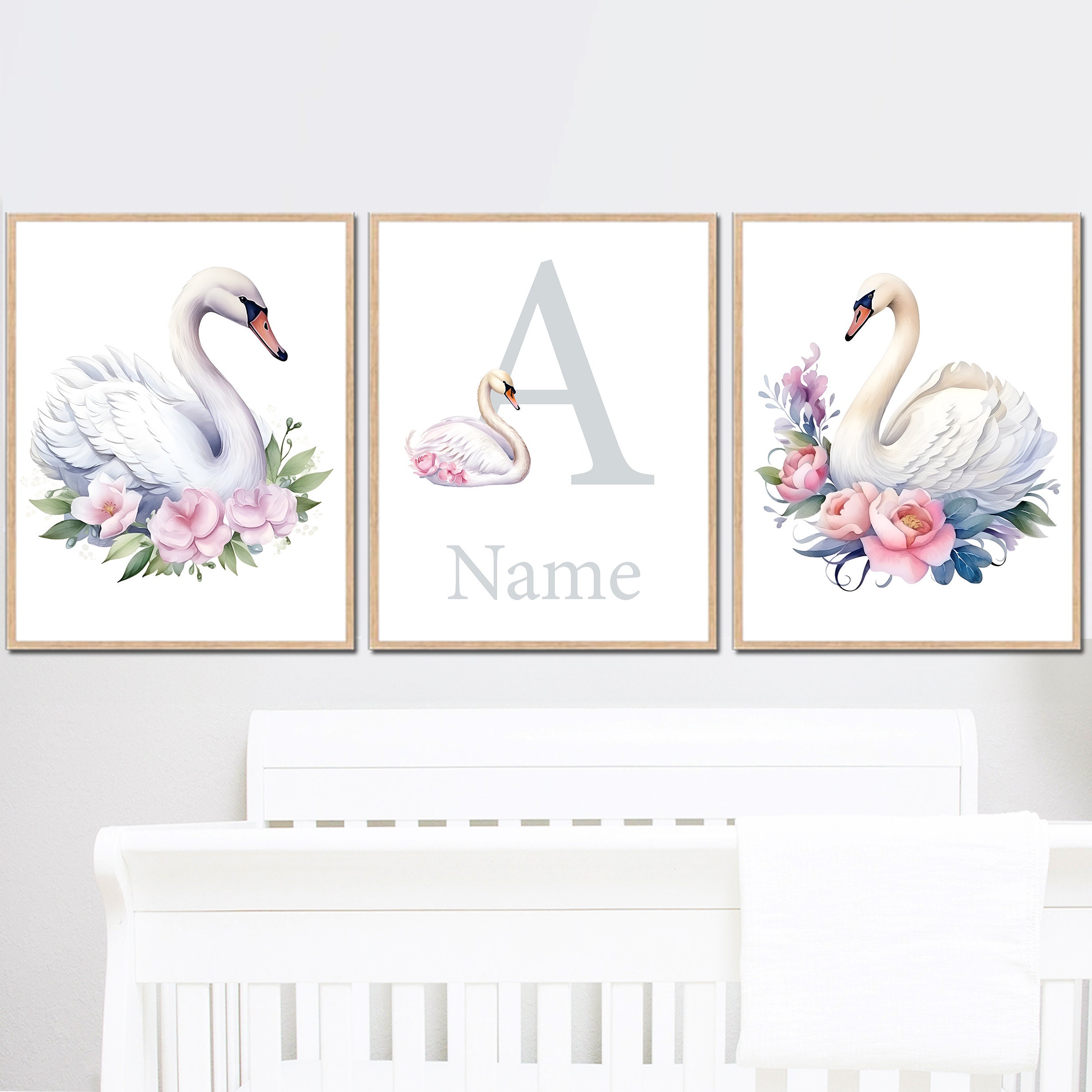 Swan Prints Wall Art Personalized Name Baby Girl Nursery Decor Flowers ...
