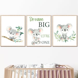 Koala Baby Boy Nursery Wall Decor Girl Quote Art Set stampabile di 3 per bambini Camera da letto Sogni in grande Piccolo australiano Nuovo regalo digitale