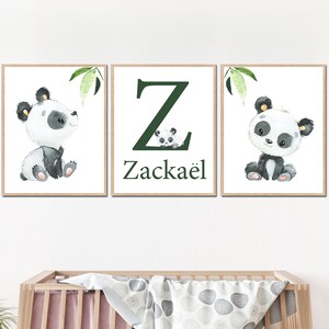 Impresión de nombre de bebé panda, arte de pared para guardería, decoración con letras iniciales, juego de 3 pósteres para habitación infantil, lienzo personalizado, decoración, regalo para sala de juegos
