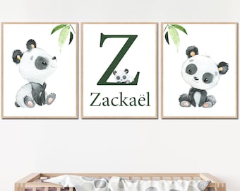 Baby Panda Name Print Boy Nursery Wall Art Decor Letter Initial set of 3 Kids Room Poster Canvas personalized Decoration