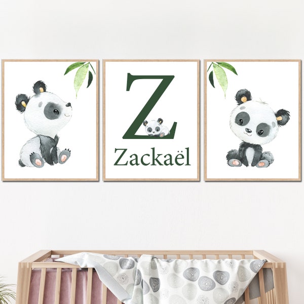 Baby Panda Name Print Boy Nursery Wall Art Decor Letter Initial set of 3 Kids Room Poster Canvas personalized Decoration