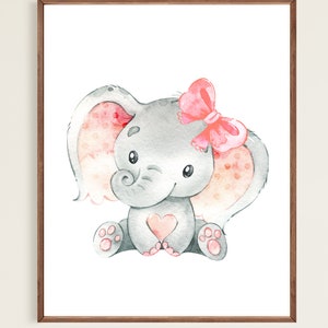 Girl Elephant Posters Baby Wall Decoration Nursery Art Prints Pictures set of 3 Kids room Printable digital Pink Gray image 6