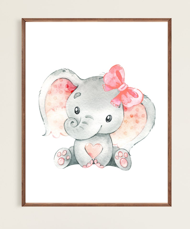 Girl Elephant Posters Baby Wall Decoration Nursery Art Prints Pictures set of 3 Kids room Printable digital Pink Gray image 6