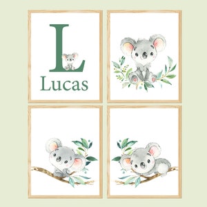 Koala bebé niño dormitorio decoración vivero pared arte impresiones carta personalizada inicial lienzo niños niños conjunto de 4 nuevo regalo digital babyshower