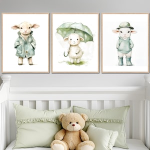 Agnello Nursery Wall Art Stampabile fattoria Bambina Bambino Bambini Camera da letto Decor neutro set di 3 poster acquerello bambino digitale tela regalo
