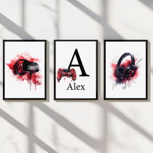 Stampe di gioco personalizzate, decorazioni artistiche da parete con controller per giocatori, nome personalizzato, poster per camera da letto per adolescenti, set di 3 poster digitali per bambini piccoli, gioco rosso