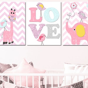 Baby Girl Nursery Art Print Elephant Giraffe Childrens Wall Decor Kids Room Decoration set of 3 Poster digital canvas Pink Purple image 4