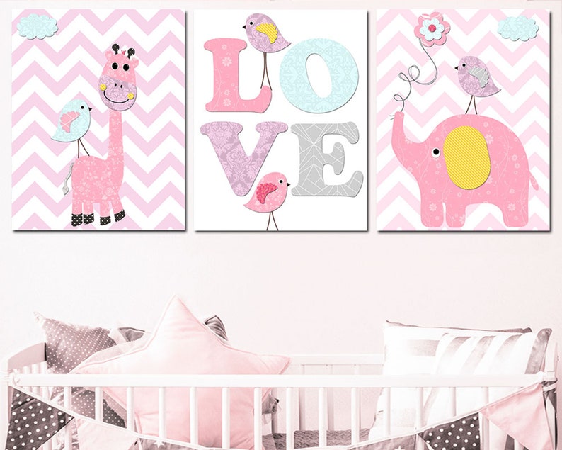 Baby Girl Nursery Art Print Elephant Giraffe Childrens Wall Decor Kids Room Decoration set of 3 Poster digital canvas Pink Purple image 4