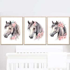 Impresiones artísticas de flores de caballos para guardería, galería de niñas, decoración de pared, pósteres para dormitorio infantil, juego de 3, imagen digital imprimible, pequeño regalo de granja