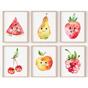 Stampa artistica da parete per asilo nido con frutta Kawaii, arredamento moderno per cucina per bambini, graziosa sala giochi, set di 6 poster stampabili digitali per bambina