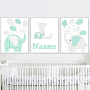 Nursery Elephant Wall Art Neutral Nome personalizzato Personalizzato Baby Girl Boy Poster Stampabile Kid Decorazione Sala giochi set di 3 Digital Grey Mint