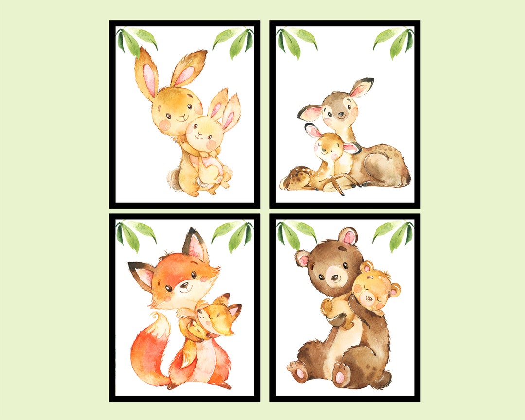 Woodland Animals Art Prints Baby Girl Boy Neutral Nursery Decor Set of ...