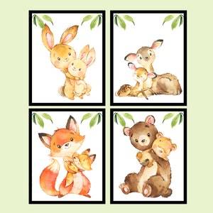 Woodland Animals Art Prints Baby Girl Boy Neutral Nursery Decor set of 4 Forest pictures playroom posters digital printable