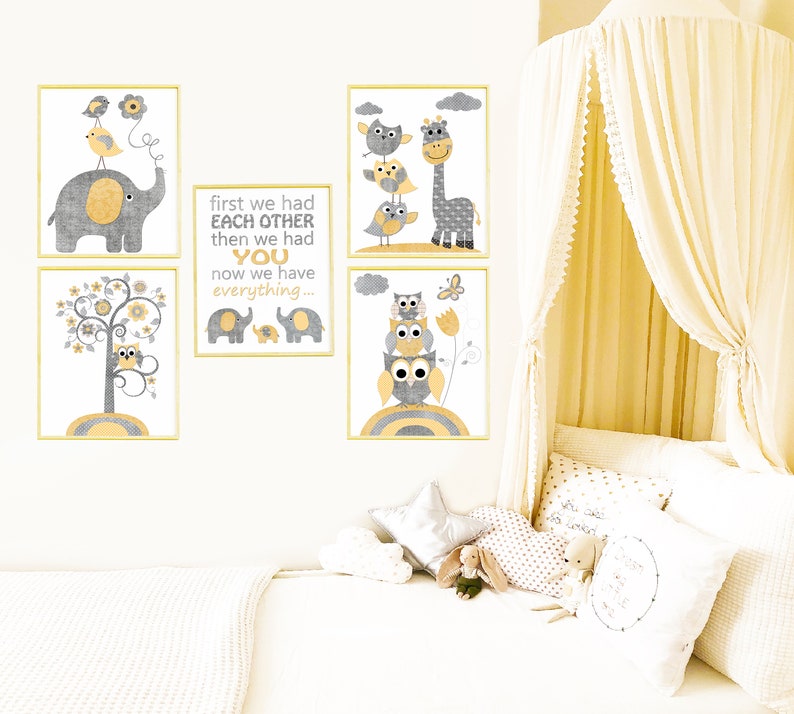 Yellow Grey Elephant Nursery Canvas Print Owl Nursery Wall Etsy