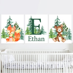Animali del bosco Arte per la cameretta dei bambini Stampabile Nome personalizzato Decorazione murale della foresta Set di 3 tele digitali per bambini, ragazzi e ragazze, volpi e orsi