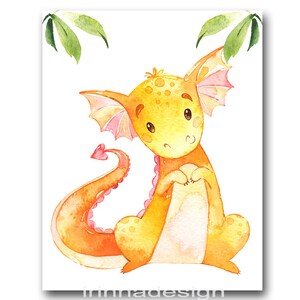 May include: A watercolor illustration of a cute, orange and pink dragon with a heart-shaped tail. The dragon is sitting on a white background with green leaves in the background.