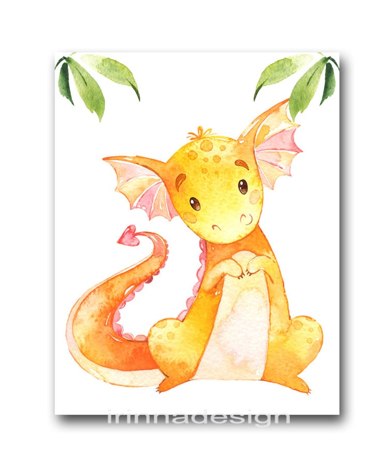 May include: A watercolor illustration of a cute, orange and pink dragon with a heart-shaped tail. The dragon is sitting on a white background with green leaves in the background.