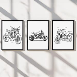 Motocicletta Decorazione murale Minimalista Sportbike Stampabile Poster Veicolo Ragazzo Asilo Nido Regalo Digitale Set di 3 camerette per bambini Bambini Nero Bianco