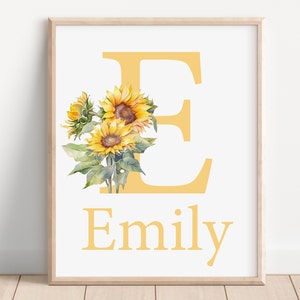 Personalizado bebé nombre signo nacimiento cartel girasol personalizado niña niños vivero arte letra inicial pared impresión niño floral decoración sala de juegos