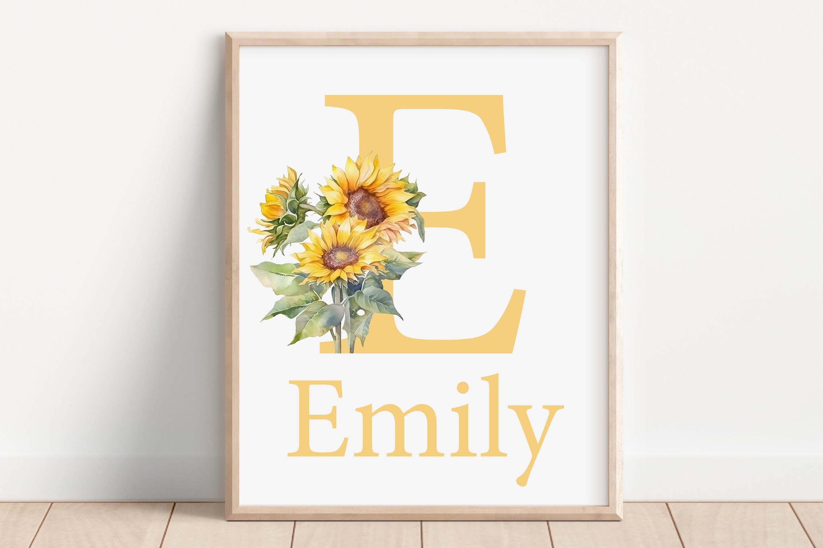 Custom Baby First Name Sign Birth Poster Sunflower Personalized Girl Kids Nursery art Initial letter Wall Print Child Floral Decor playroom