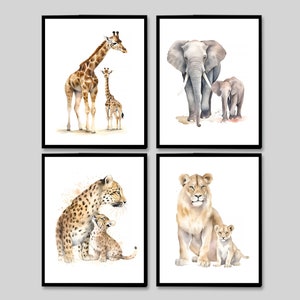 Safari Animali Neonati Madre e bambino Stampa artistica Nursery Wall Decor Zoo set di 4 Giraffa Elefante Leone Scimmia poster digitale per camera da letto per ragazza ragazzo